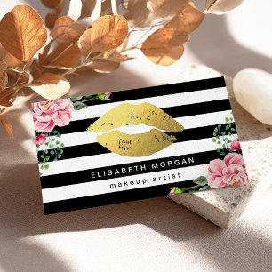 Gold Lips Floral Black White Stripes Makeup Artist Business Card