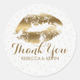 Gold Lips Kiss & Gold Dots Thank You Classic Round Sticker