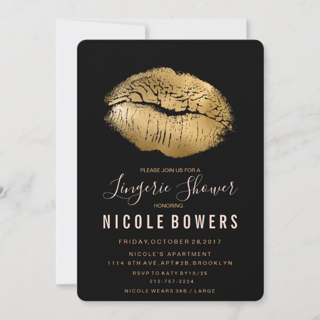 Gold Lips Lipstick Lingerie Shower Invitation (Front)