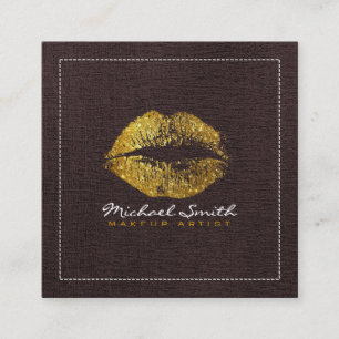 Gold Lips Makeup Artist Modern Brown Burlap Square Business Card