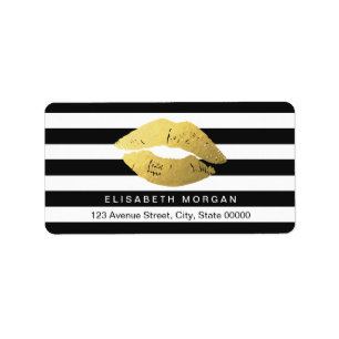 Gold Lips with Black White Stripes Label