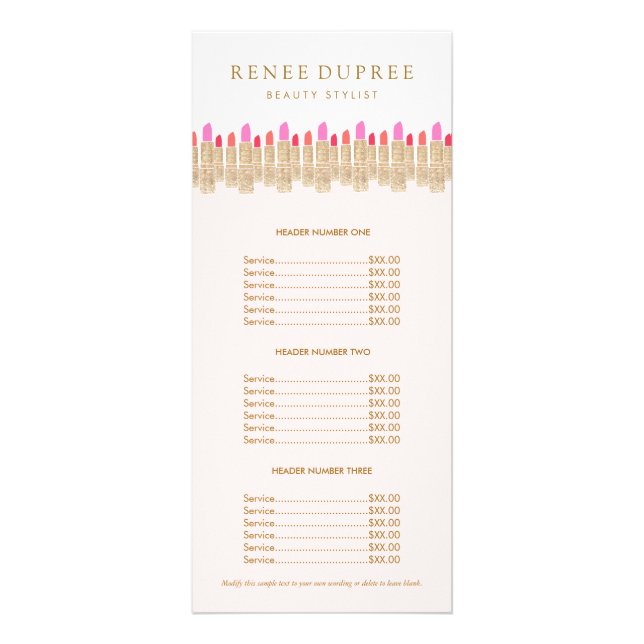 Gold Lipstick Pink Makeup Artist Service Menu (Front)
