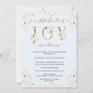 Gold Little Bundle Of Joy White Floral Baby Shower Invitation