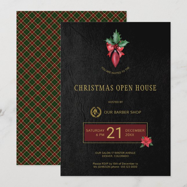 Gold Logo Barber Shop Christmas Open House Party Invitation (Front/Back)