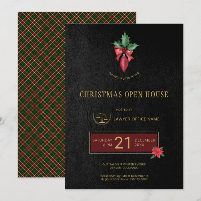 Gold Logo Lawyer Office Christmas Open House Party Invitation (Front/Back)