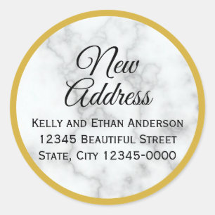 Gold Look and Faux White Marble New Address Classic Round Sticker