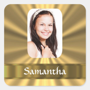Gold look personalized photo square sticker