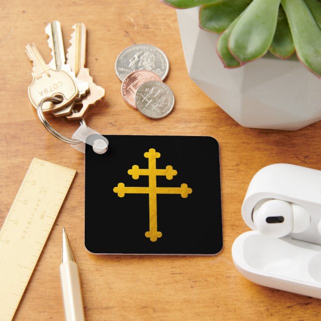 Gold Lorraine Cross on Black / Christian fashion Keychain (Desk)