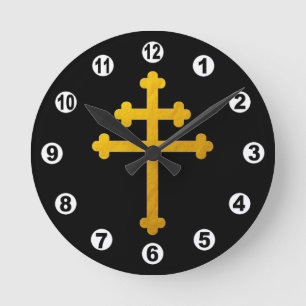 Gold Lorraine Cross on Black / Christian Round Clock