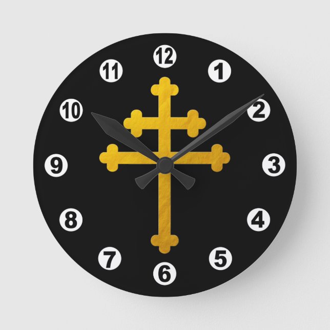 Gold Lorraine Cross on Black / Christian Round Clock (Front)