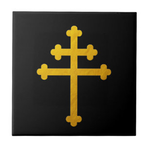 Gold Lorraine Cross on Black / Christian Tile