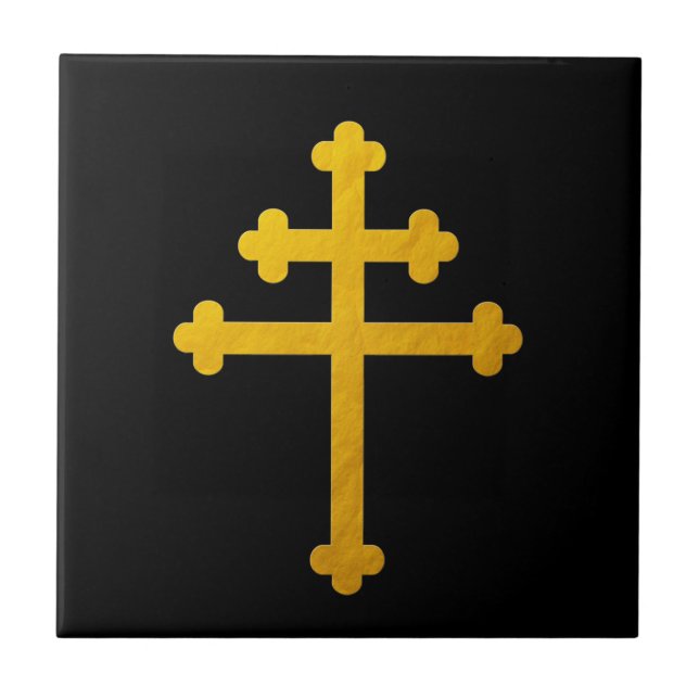 Gold Lorraine Cross on Black / Christian Tile (Front)