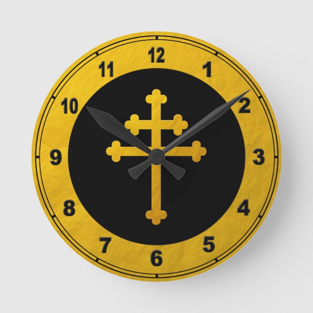 Gold Lorraine Cross on Black /golden Christian Round Clock (Front)