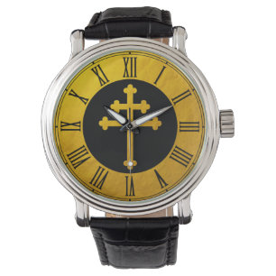 Gold Lorraine Cross on Black / golden Christian Watch