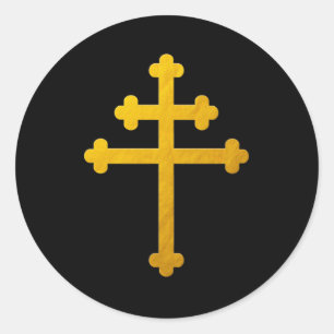 Gold Lorraine Cross Sticker, on Black / Christian Classic Round Sticker