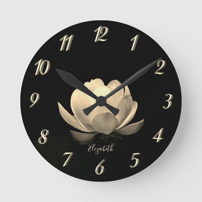 Gold Lotus Flower Landscape, Zen  Round Clock (Front)