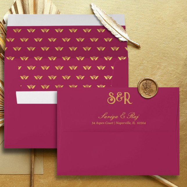Gold Lotus Flower Lined Wedding Invitation Envelope (Indian wedding invitation envelope, hindu wedding invitation envelope, lotus flower lined envelope)