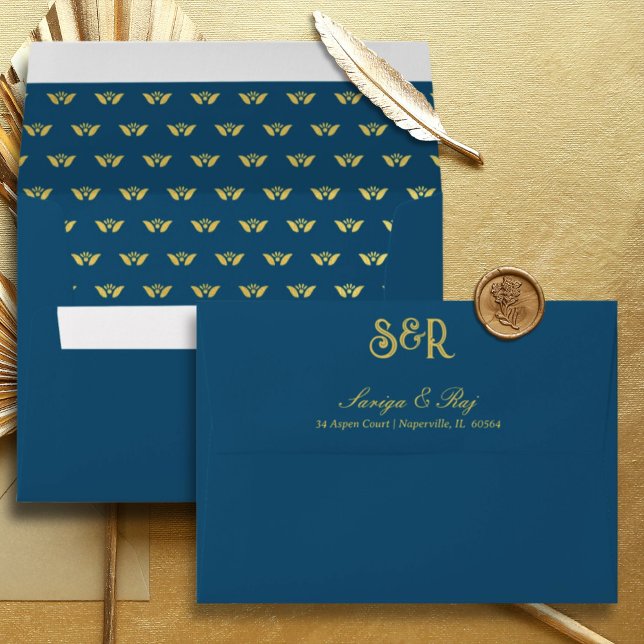 Gold Lotus Flower Lined Wedding Invitation Envelope (Indian wedding invitation envelope, hindu wedding invitation envelope, lotus flower lined envelope)