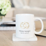 Gold Lotus Flower Logo Coffee Mug<br><div class="desc">Chic personalized mug for your spa, holistic health & wellness, yoga studio, or massage therapy business features two lines of custom text in charcoal grey lettering, topped by a faux gold foil lotus flower logo. A silhouette of a meditating person is subtly worked into this modern and elegant design that's...</div>