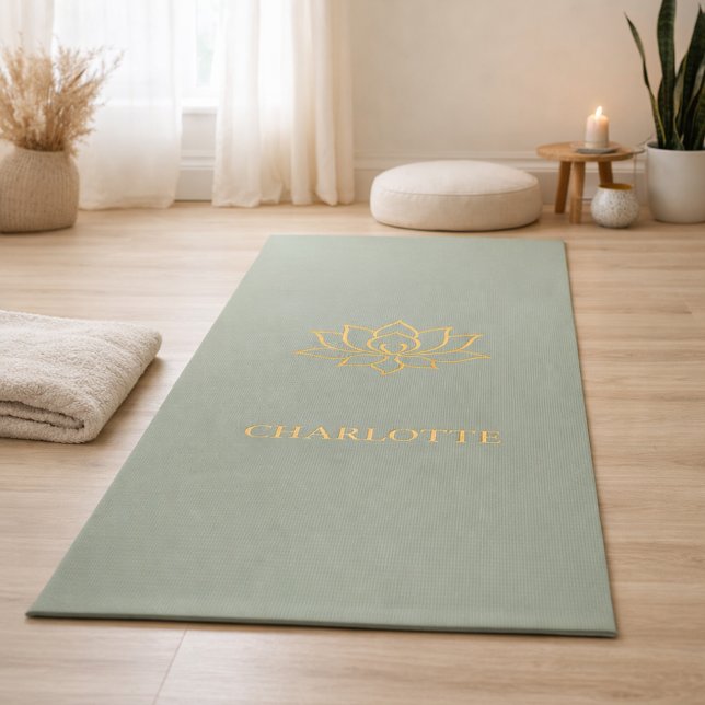 Gold lotus flower name sage green yoga mat (Creator Uploaded)