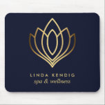 Gold lotus logo Blue | Personalized add your name Mouse Pad<br><div class="desc">Elegant business cards for massage studios,  massage therapy,  spas or wellness professionals feature a faux gold foil lotus flower illustration.
Customize the front with two lines of custom text on modern blue background using the template.
 A chic design for any wellness industry or holistic health related profession</div>