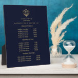 Gold Lotus  logo blue | spa massage pricing Plaque<br><div class="desc">Understated design displays your services, price list or business information beneath an illustration of a lotus flower in faux gold foils and your name or business name. Includes three customizable headings and body text fields. To adjust layout, enter your text and then use the Customize function to change positioning and...</div>