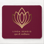 Gold lotus logo Ruby | Personalized add your name Mouse Pad<br><div class="desc">Elegant business cards for massage studios,  massage therapy,  spas or wellness professionals feature a faux gold foil lotus flower illustration.
Customize the front with two lines of custom text on modern ruby red background using the template.
 A chic design for any wellness industry or holistic health related profession</div>