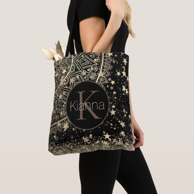 Gold Lotus Mandala Glitter Gold Stars Monogram Tote Bag (Close Up)