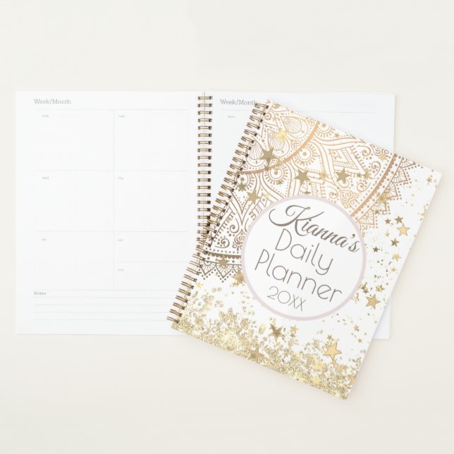 Gold Lotus Mandala with Gold Stars Daily Planner (Display)