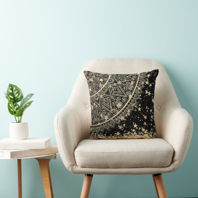 Gold Lotus Mandala with Gold Stars on Black    Throw Pillow (Chair)