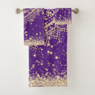 Gold Lotus Mandala with Gold Stars on Purple    Bath Towel Set