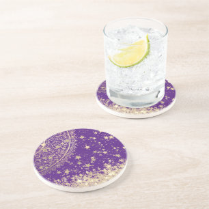 Gold Lotus Mandala with Gold Stars on Purple Coaster