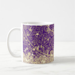 Gold Lotus Mandala with Gold Stars on Purple Coffee Mug