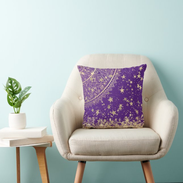 Gold Lotus Mandala with Gold Stars on Purple  Throw Pillow (Chair)