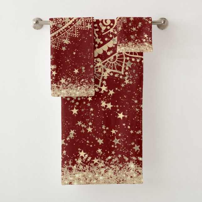 Gold Lotus Mandala with Gold Stars on Red Bath Towel Set (Insitu)