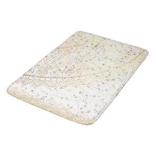 Gold Lotus Mandala with Gold Stars on White    Bath Mat