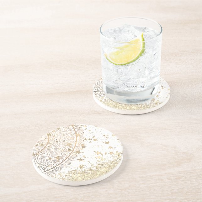 Gold Lotus Mandala with Gold Stars on White     Coaster (Side)