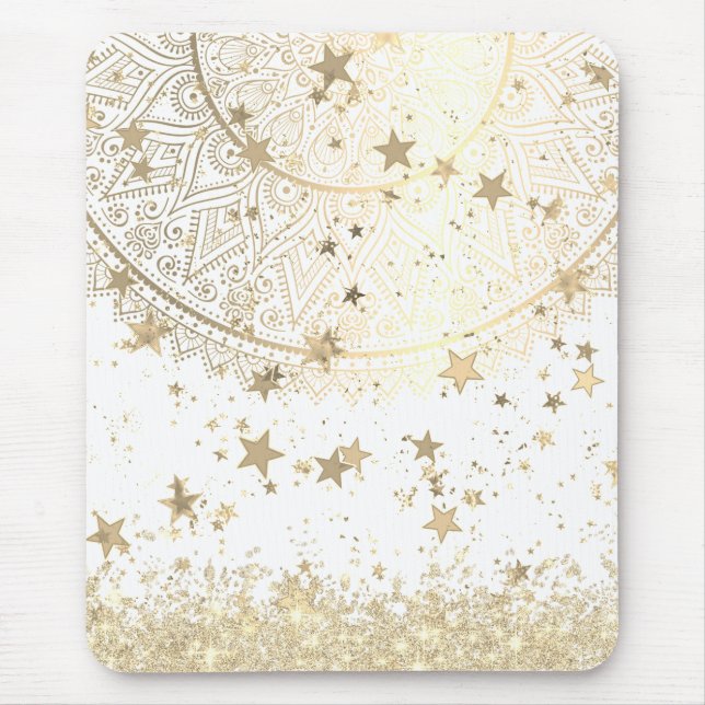 Gold Lotus Mandala with Gold Stars on White   Mouse Pad (Front)