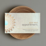 Gold Lotus Salon and Spa Appointment Card<br><div class="desc">An ideal card for anyone in the professional fields of health, wellness, beauty, fashion, mental health and entertainment.This exotic artistic lotus flower illustration has a elegant fusion of vintage, modern and new age. Mandala inspired faux gold leaf rosette medallion is perfectly accented by shimmery beige toned foil digital image background....</div>