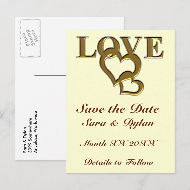 Gold Love and Hearts Enregistrer la date Carte pos (Devant / Derrière)