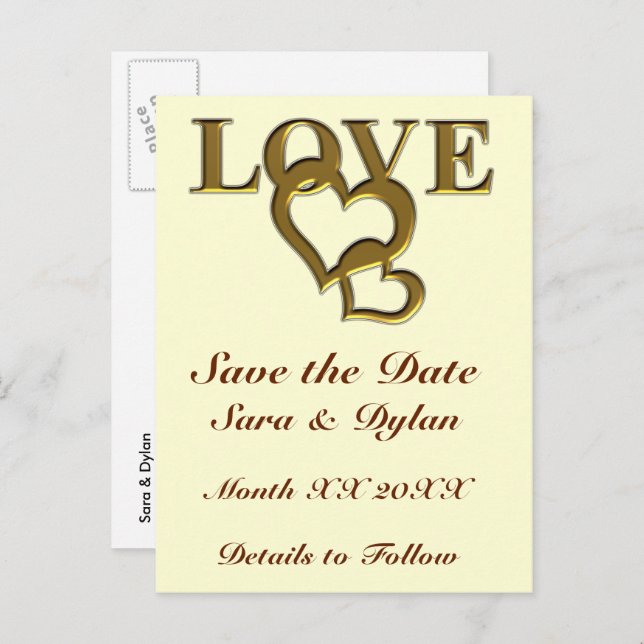 Gold Love and Hearts Save the Date Postcard (Front/Back)