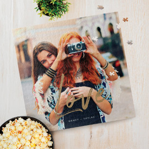Gold Love Brush Script Overlay Couple Photo Memory Jigsaw Puzzle