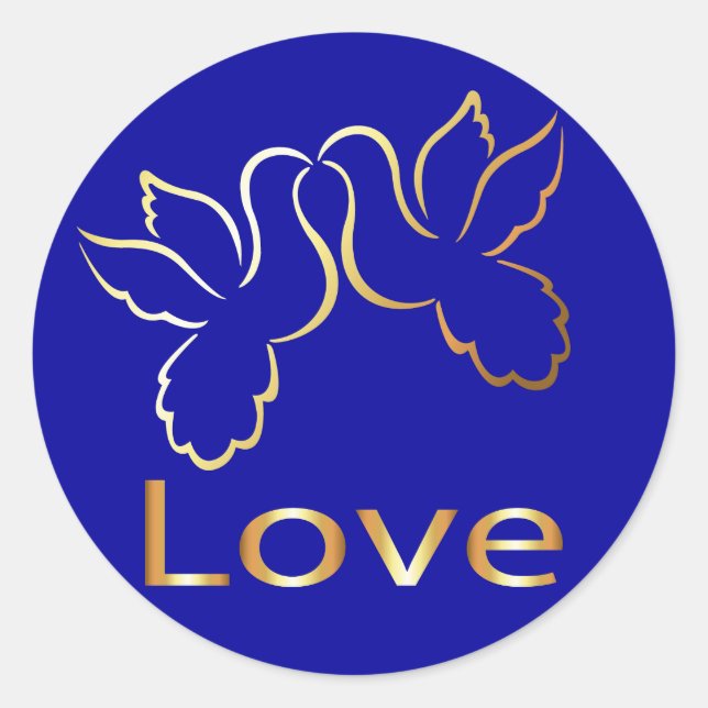 Gold Love Doves Blue Wedding Sticker / Label (Front)