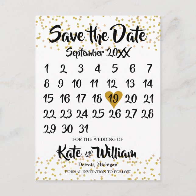 Gold Love Heart Calendar Save the Date Announcement Postcard (Front)