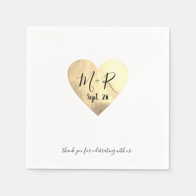 Gold Love Heart with script Initials Wedding Napkin (Front)