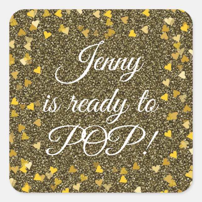 Gold Love Hearts Glitter Ready to Pop Baby Shower Square Sticker (Front)
