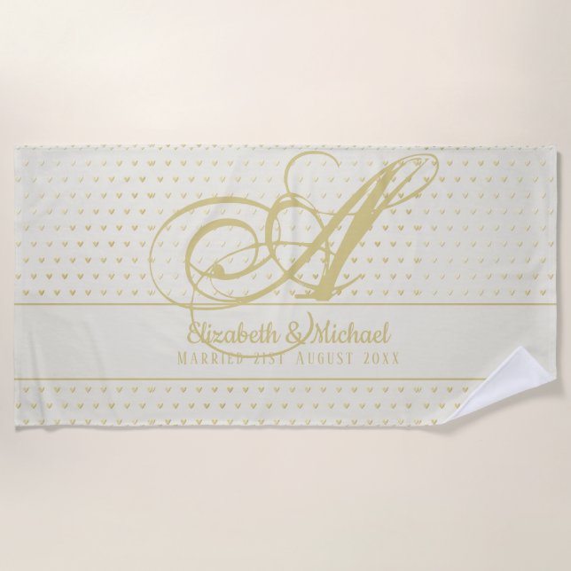 Gold Love Hearts Monogram Wedding Gift Newlyweds Beach Towel (Front)