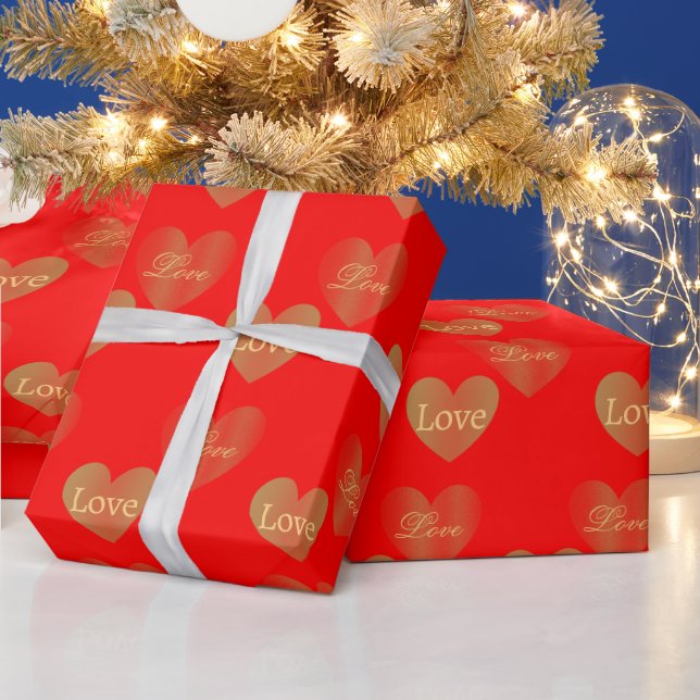 Gold Love Hearts on Red, Wedding and Valentine's Wrapping Paper (Holidays)