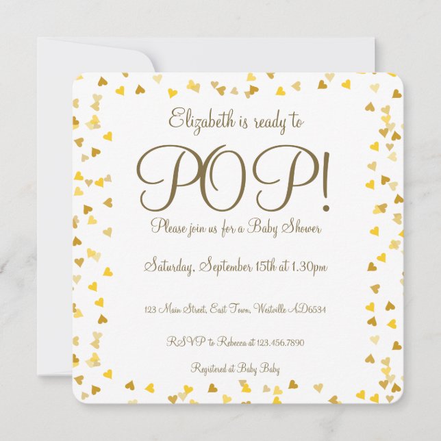 Gold Love Hearts Ready to Pop Baby Shower Invitation (Front)