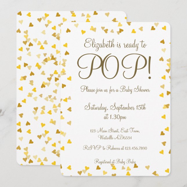 Gold Love Hearts Ready to Pop Baby Shower/Sprinkle Invitation (Front/Back)